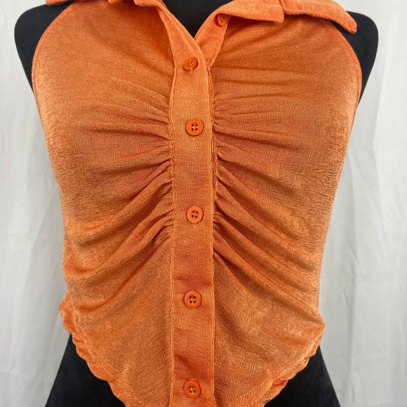 NWT Orange Backless Collared Halter Crop Top - Picture 6 of 9